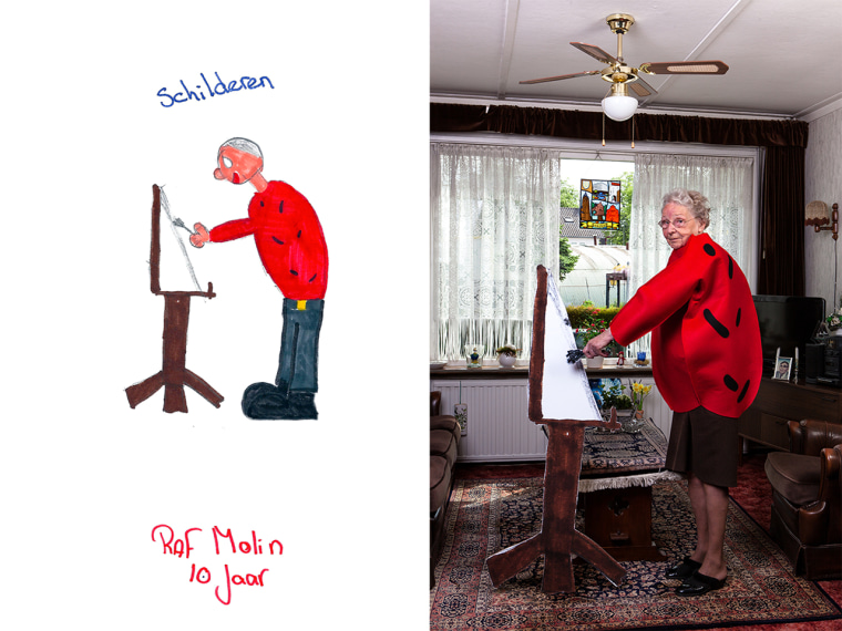 Artist recreates childrens drawings with grandparents.