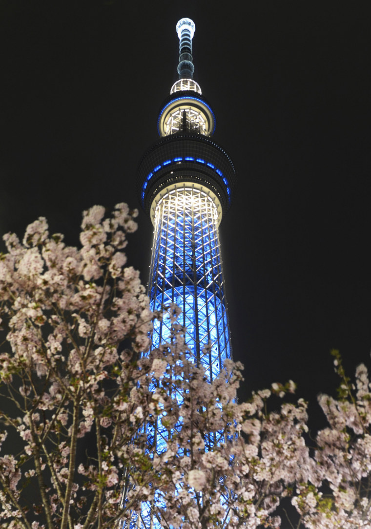 TOKYO, Japan - Tokyo Sky Tree in Tokyo's Sumida Ward is lit up in blue on April 19, 2012. The operator of the world's tallest self-standing tower cond...