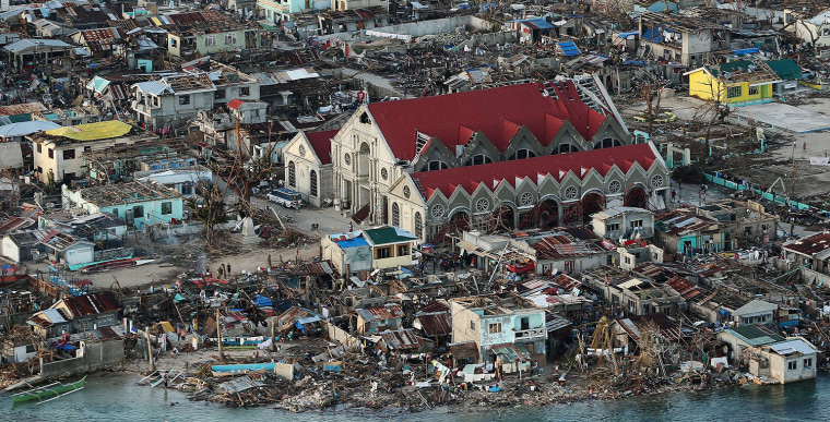 An aerial view of a demolished coastal town on Eastern Samar Island on Nov. 14, 2013 in Leyte, Philippines.
