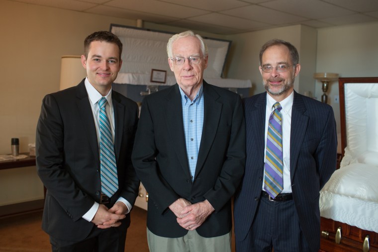 Caleb Wilde poses with his father and grandfather, who came before him as funeral directors in Parkesburg, Penn.