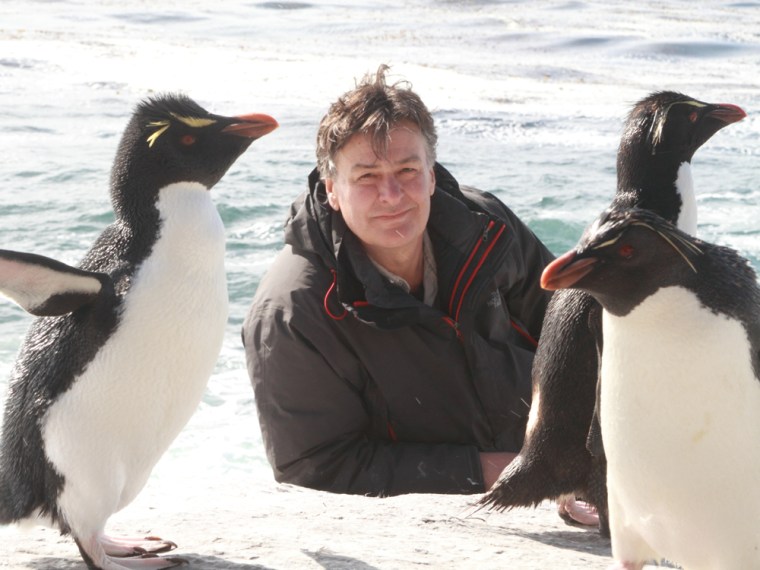 Image: John Downer with Rockhopper penguins.