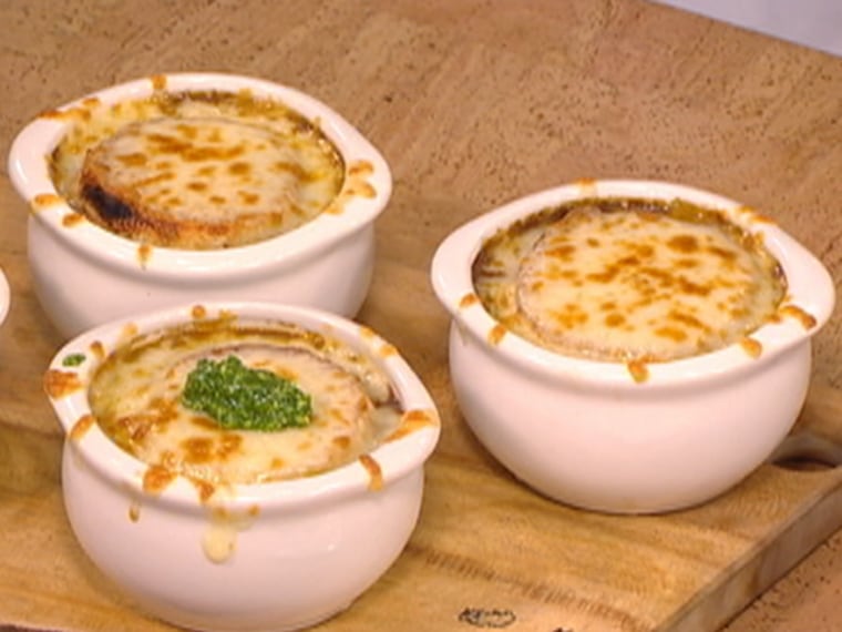 Vidalia onion soup with blistered Vermont cheddar cheese and parsley pesto