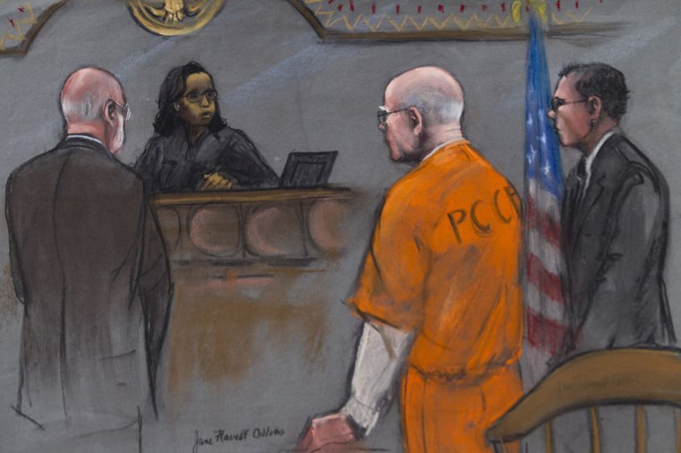 A courtroom artist's sketch shows Judge Denise Casper (2nd left) speaking during the sentencing hearing for convicted mobster James