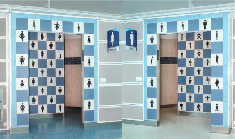 The eye-catching restroom entryways at Jacksonville International Airport, seen in this compilation image, were created by Atlanta-based artist Gregor Turk.