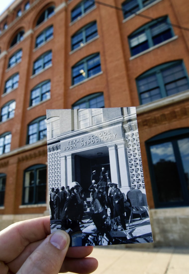 Detectives guard the front entrance to the Texas School Book Depository building less than an hour after the assassination of John F Kennedy on Nov. 22, 1963, juxtaposed against the current scene in Dallas.