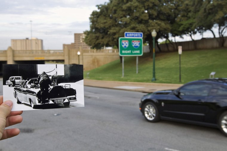 Jackie Kennedy and Secret Service agent Clint Hill climb on the back of the limousine after John F. Kennedy was shot on Nov. 22, 1963, juxtaposed with the current scene in Dallas.