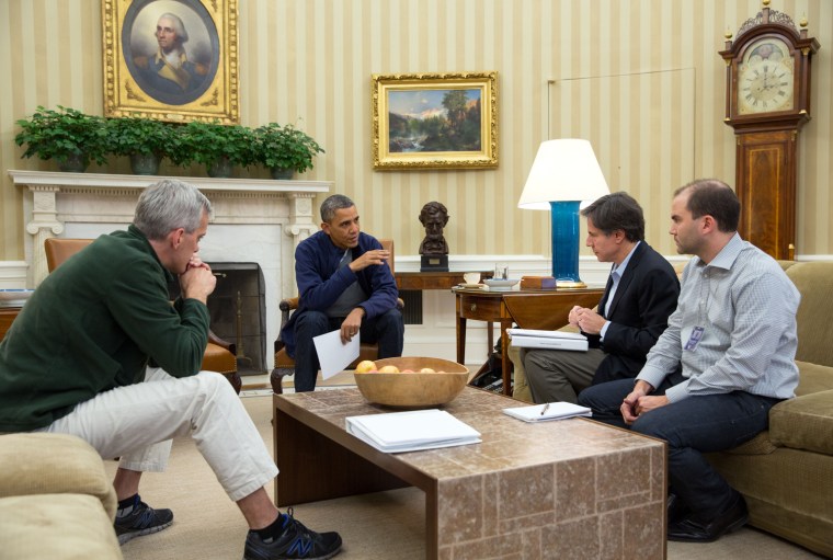 President Barack Obama meets in the Oval Office with Chief of Staff Denis McDonough and Deputy National Security Advisors Tony Blinken and Ben Rhodes, to discuss ongoing negotiations with Iran, Saturday, Nov. 23, 2013.