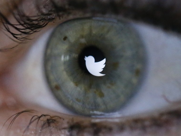 IMAGE: Twitter logo reflected in the eye of a woman in Berlin.