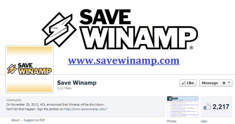 The Facebook page for the Save Winamp campaign.