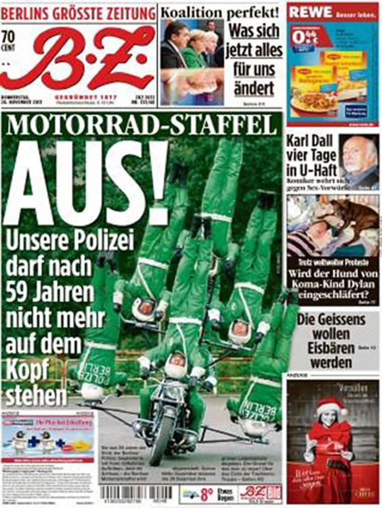 The news made the front page of Berlin's BZ tabloid, which featured the headline: