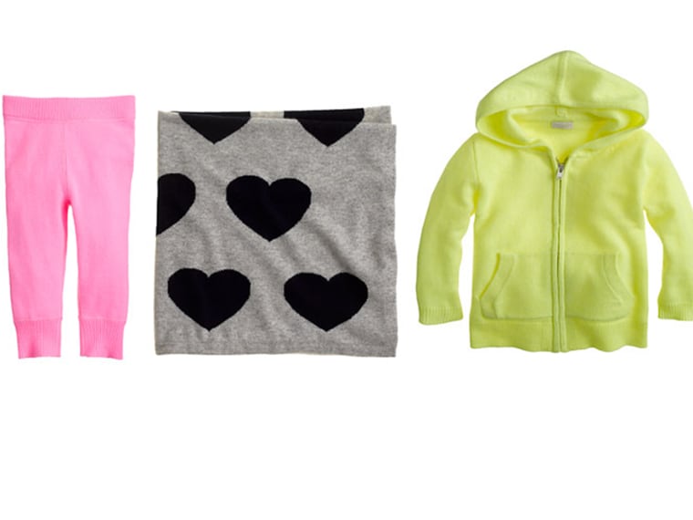 J. Crew cashmere leggings ($98), baby blanket in heart print ($198) and hoodie ($135).