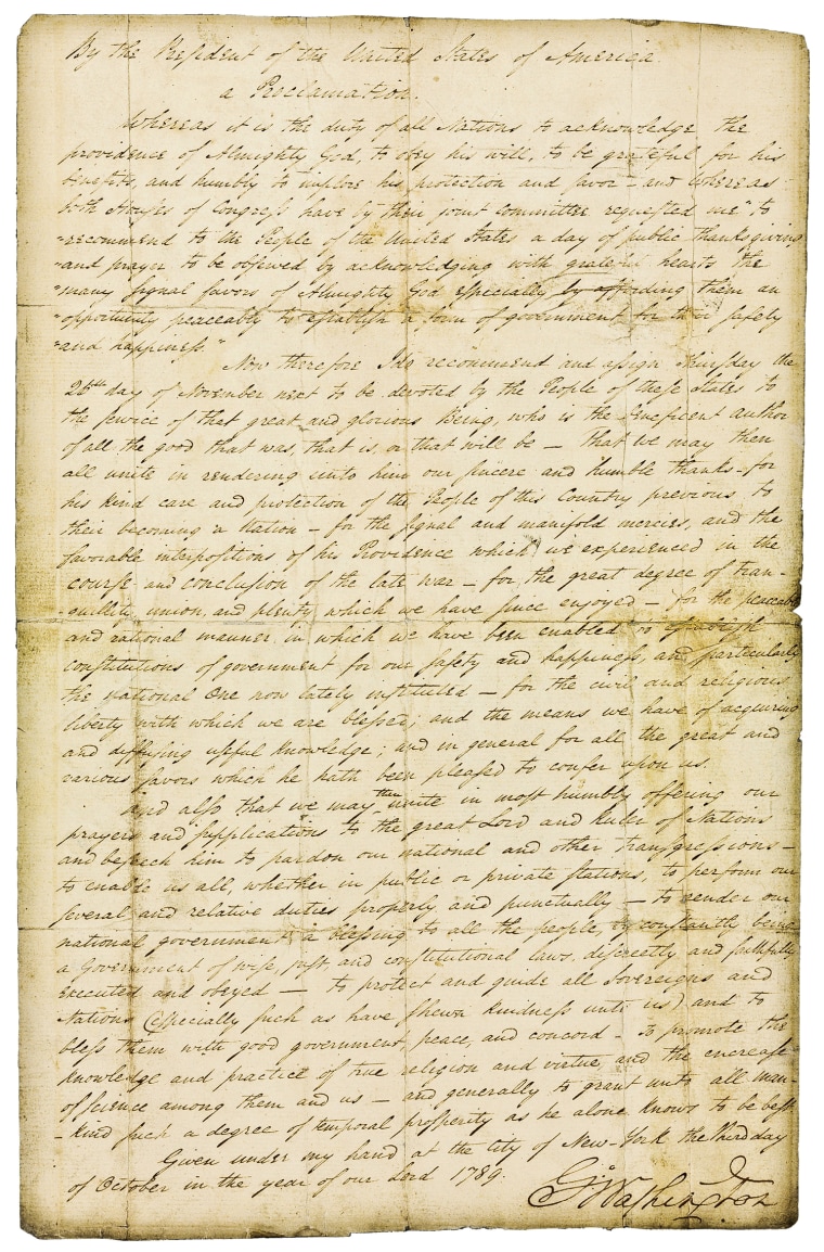 This photo provided by Christie's shows George Washington's Thanksgiving Proclamation, with a pre-auction estimated value of $8-12 million. The 1789 p...
