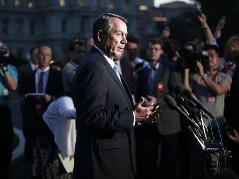 House Speaker John Boehner, R-Ohio, speaks to members of the media after meeting with President Barack Obama at the White House in Washington, Wednesday, Oct. 2, 2013.