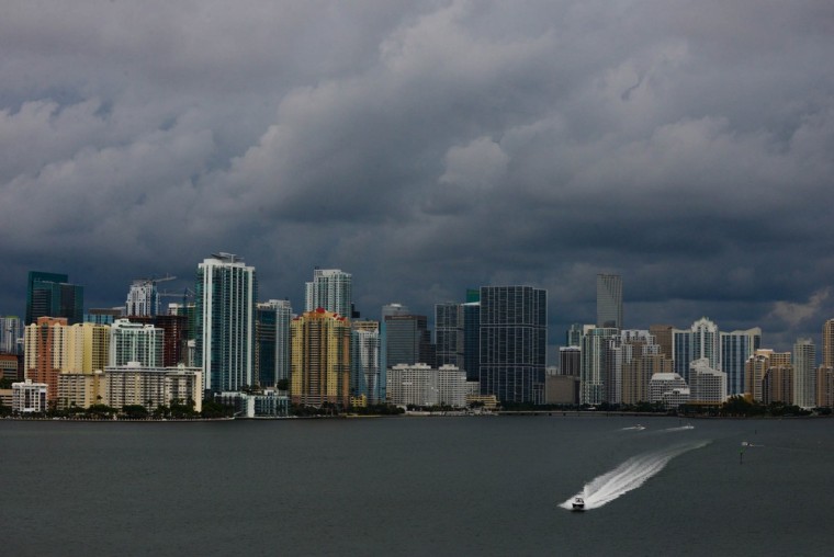 Downtown Miami is engulfed in storm clouds as Tropical Storm Karen heads toward Florida's Panhandle, on Thursday.