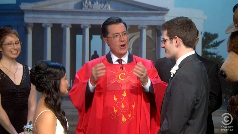 MaiLien Le, Stephen Colbert and Mike Cassesso.