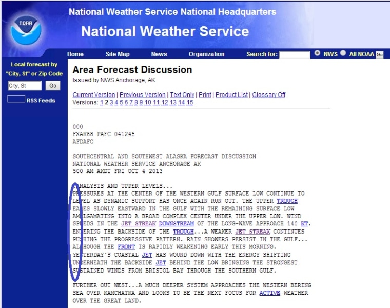 The first letters of each line of the Friday morning forecast for Anchorage, Alaska, spelled out PLEASE PAY US.