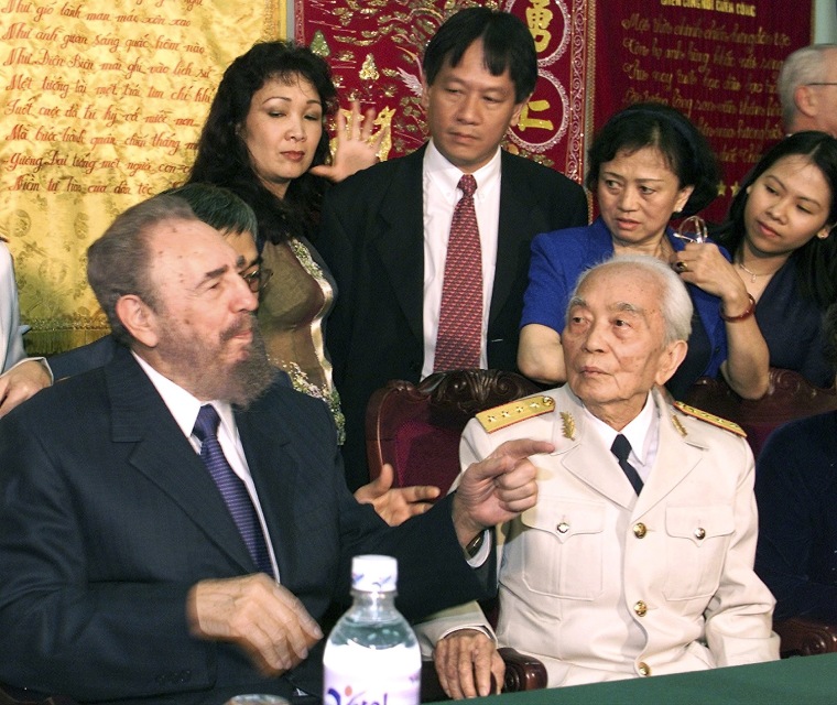 Cuban President Fidel Castro visits Vietnamese Gen. Vo Nguyen Giap at the house of the revered Vietnamese military figure in Hanoi in this Feb. 22, 2003 file photo.