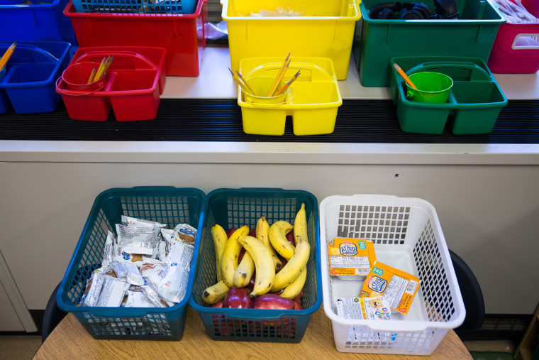 For students who are still hungry throughout the day, extra food is stored in these bins at Enrico Fermi School No. 17. Between 750-1,000 students in the Rochester, N.Y., school district live in shelters.