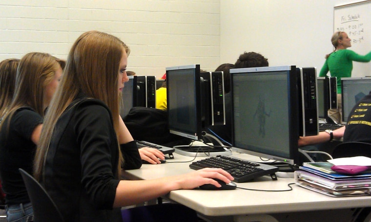 A freshman at the Utica Center for Science and Industry uses SolidWorks, a 3D drawing program, to create a robot modeled after herself.