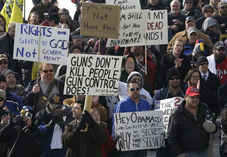 Gun-rights advocates gather outside the Utah Capitol during the National Gun Appreciation Day Rally Saturday, Jan. 19, 2013, in Salt Lake City.