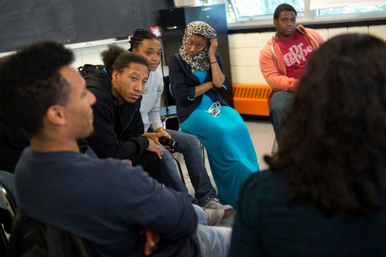 Students at Charlestown High School in Boston join a discussion circle on Sept. 27, part of Diploma Plus, a restorative justice program that offers at-risk students guidance, conflict resolution and peer mentoring.