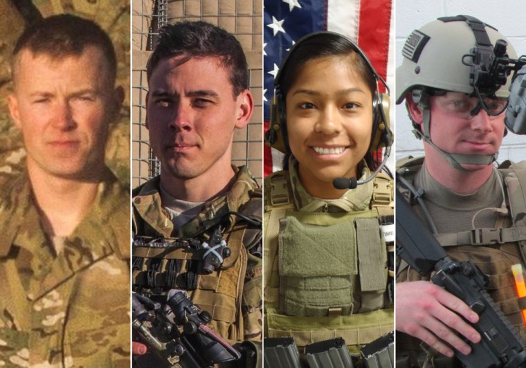(Left to right) Pfc. Cody J. Patterson, Sgt. Patrick C. Hawkins, 1st Lt. Jennifer M. Moreno and Special Agent Joseph M. Peters were killed by an improvised explosive device in Afghanistan on October 6, 2013.