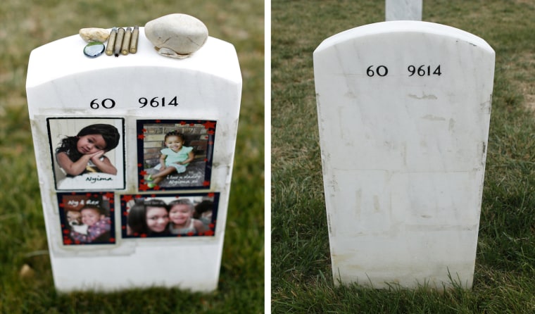 Family photos and mementos on the gravestone of U.S. Army Staff Sgt. Quadi Hudgins, who died in Iraq, were later removed by Arlington National Cemetery. Pictures taken March 13 (left) and October 7 (right).