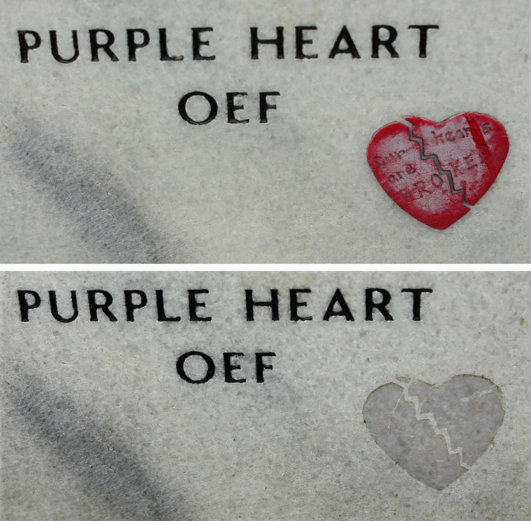 A broken heart was stripped from the gravestone of one soldier.