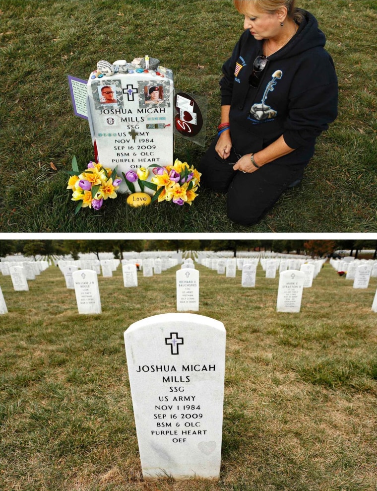 Celeste Mills of El Paso, Texas, kneeling beside the grave of her youngest son, Joshua Mills, who was killed in Afghanistan (top). The removal of personal mementos from graves has outraged many families of those buried at the cemetery.