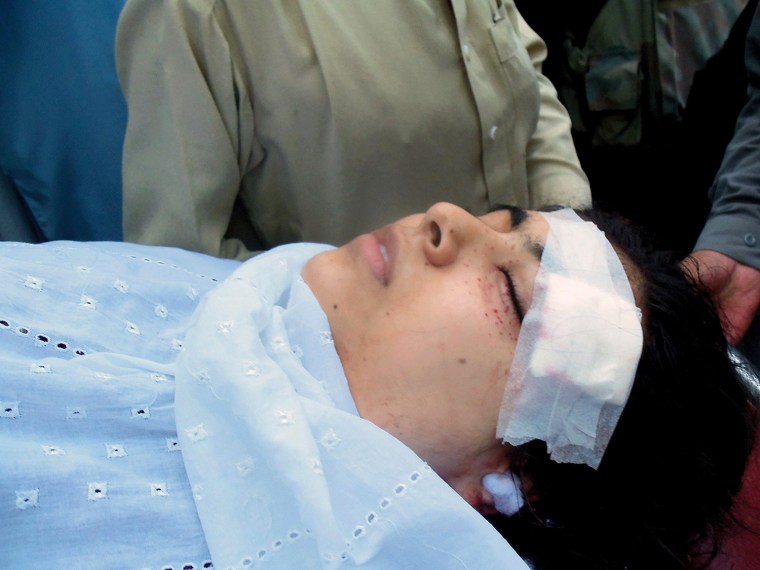 Pakistani hospital workers carrying injured Malala Yousafzai, 14, on a stretcher at a hospital after she was shot in the head by the Taliban on Oct. 9, 2012.