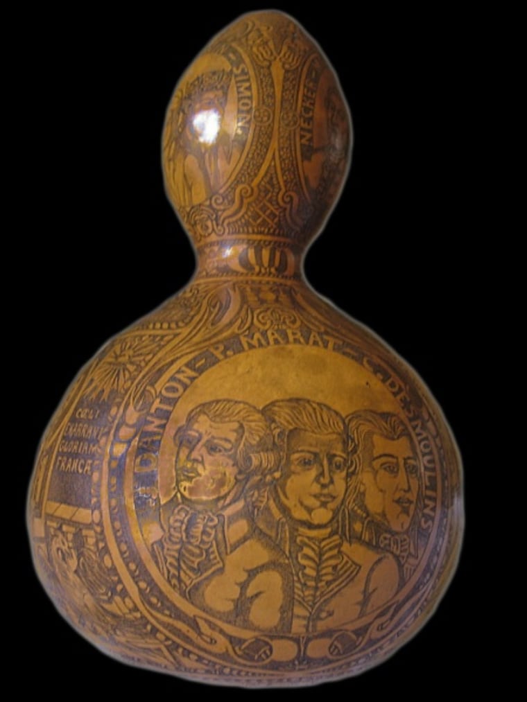 A gourd emblazoned with heroes of the French Revolution said to contain the blood of Louis XVI.