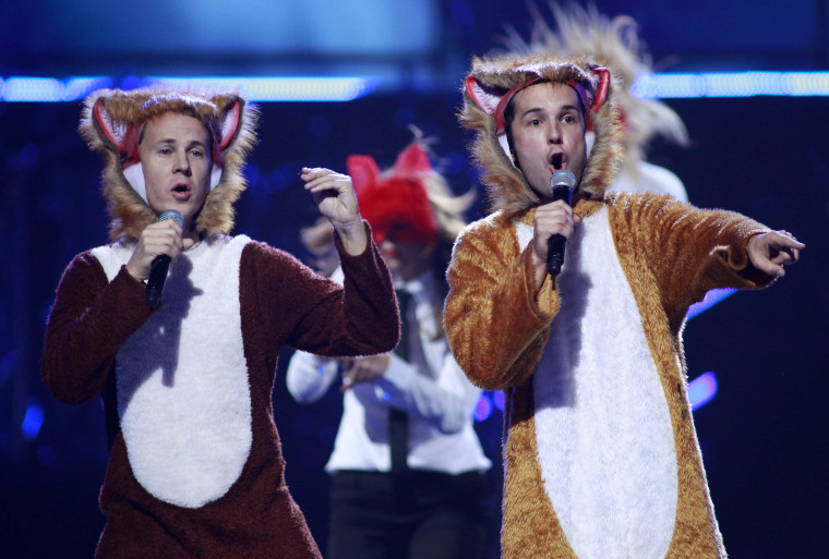 Norwegian duo Ylvis perform \"The Fox\" during the iHeartRadio Music Festival at the MGM Grand Garden Arena in Las Vegas.