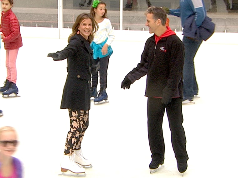 Natalie Morales skates with Olympian Elvis Stojko on opening day of The Rink at Rockefeller Center.