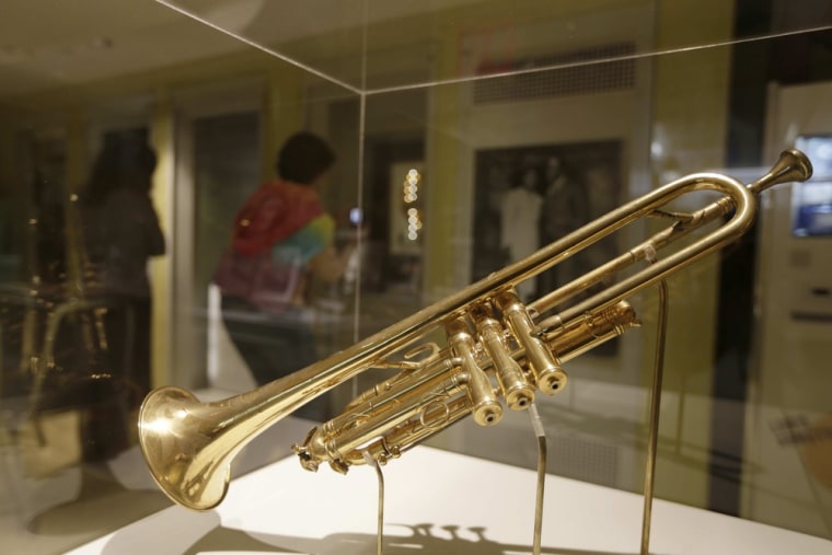 A trumpet belonging to Louis Armstrong is on display for patrons at the Louis Armstrong House Museum on Oct. 9, 2013, in the Queens borough of New York.