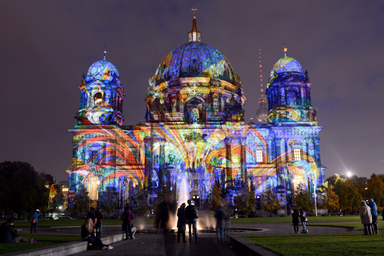 Berlin's Cathedral illuminated in striking colors, Oct. 9, 2013.