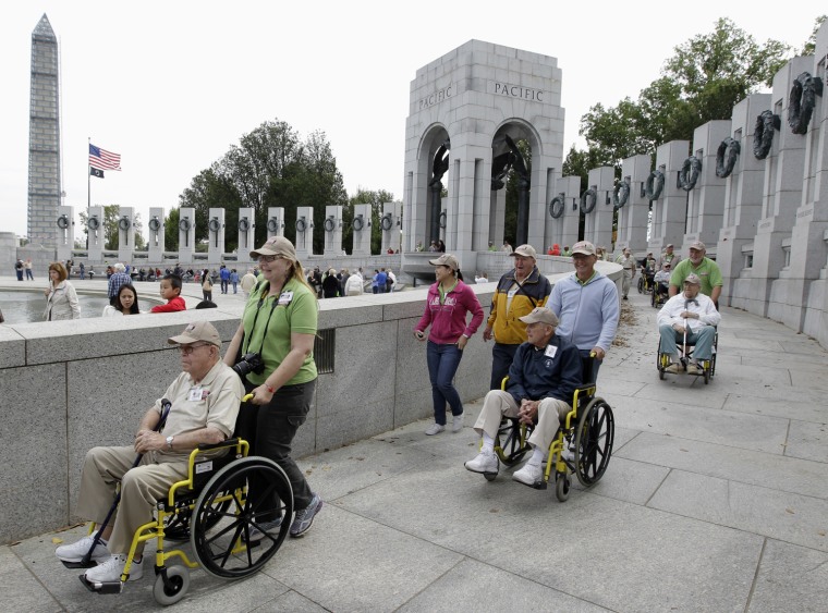 A group of World War II veterans from Florida visit the World War II Memorial in Washington on Oct. 8.
