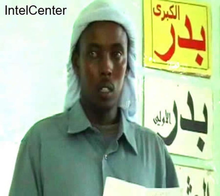 This undated frame grab image taken from a video on a website that supports Somali insurgents and provided by IntelCenter, shows a man identified as Aden Hashen Ayrow.