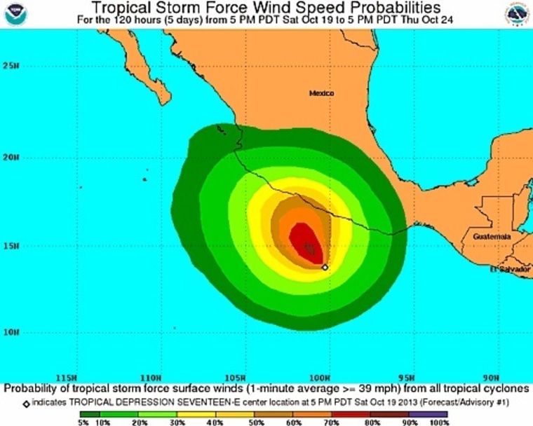 A NOAA map shows projected wind speeds of tropical depression 17-E, churning northwest off Mexico's Pacific coast.