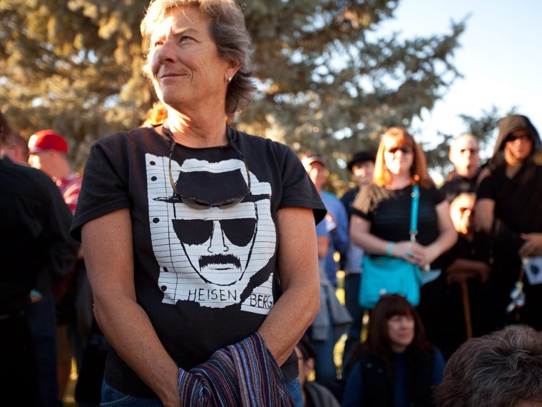 Walter White lives! At least, he does on a T-shirt worn by a \"Breaking Bad\" fan at the Walter White Funeral Service and Final Amends event on Oct. 19, which also was a fundraiser.