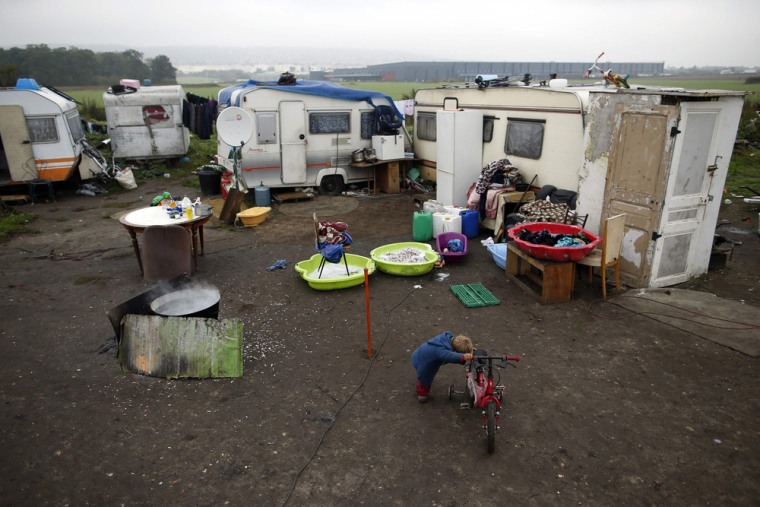 View of caravans at an encampment of Roma families in Triel-sur-Seine, near Paris.