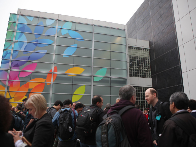 Exterior of Yerba Buena Center for the Arts Theater in San Francisco, covered in Apple leaves.