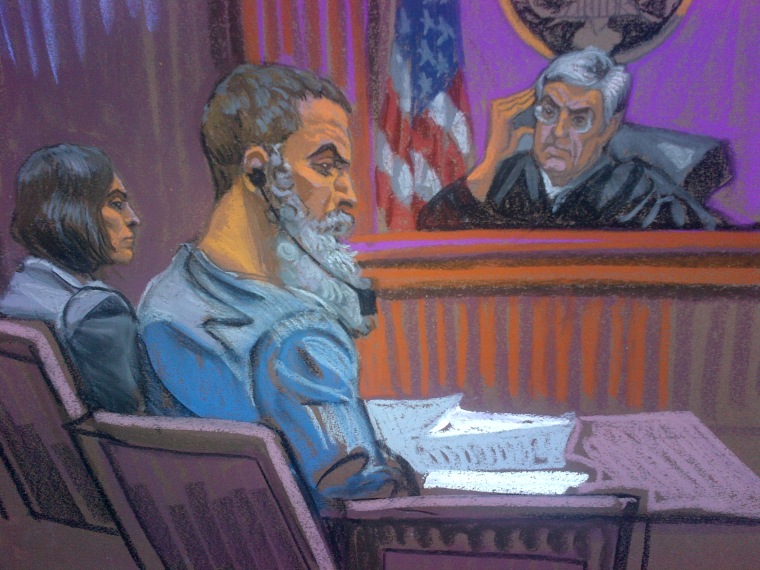 Courtroom sketch of Anas al-Libi in federal courthouse in New York City on October 15, 2013.