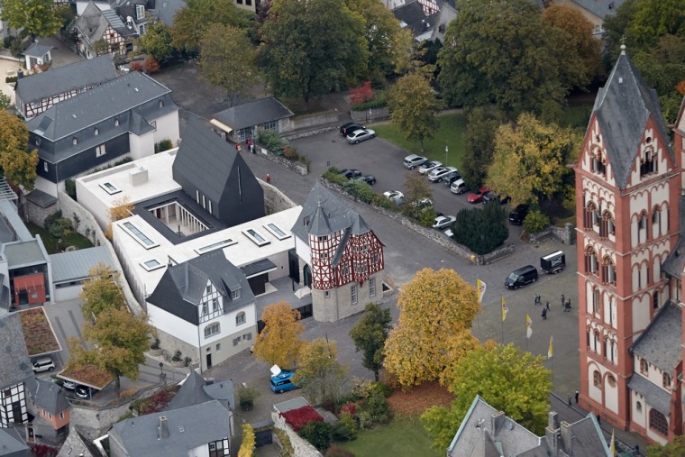 An aerial view showing the new building of the residence of Bishop Franz-Peter Tebartz-van Elst situated directly in front of the Limburg Cathedral in Limburg, Germany.