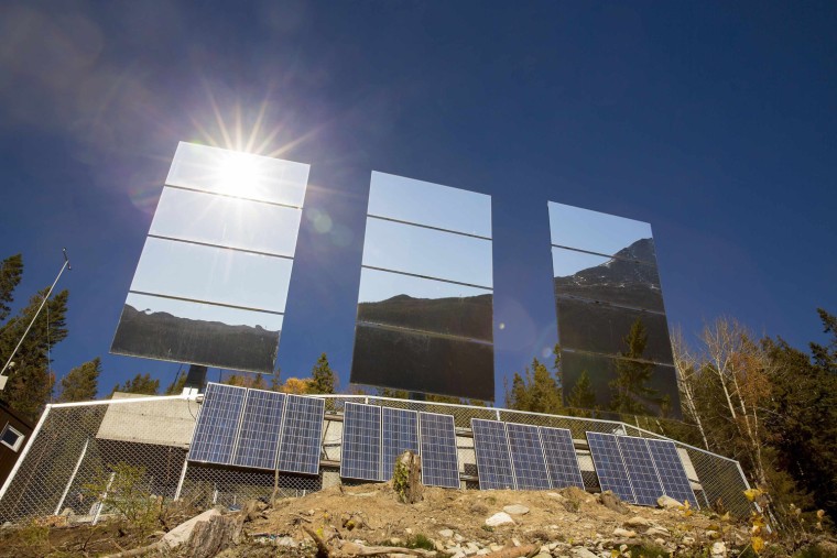 Giant mirrors erected on the mountainside reflect sunlight into Rjukan.