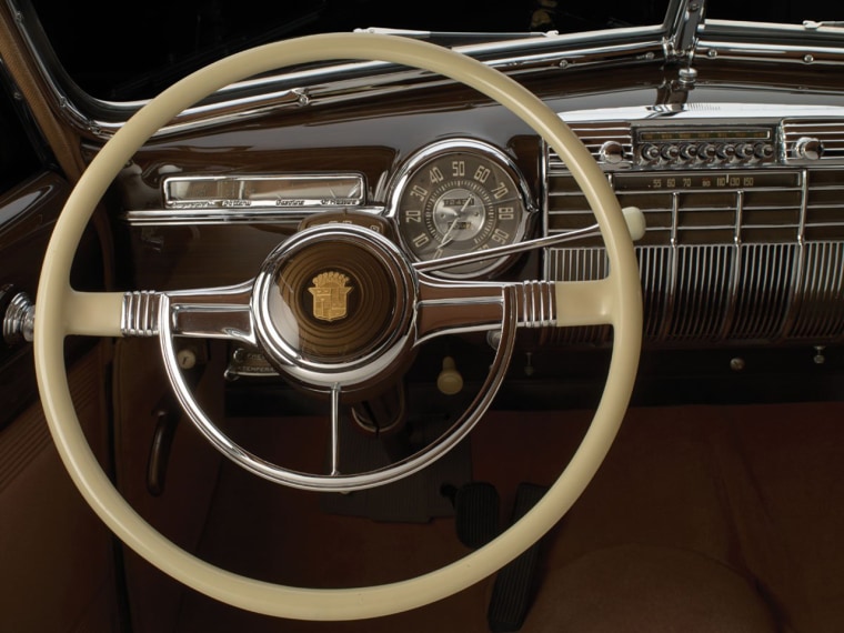 This photo provided by Sotheby's, Wednesday, Oct. 23, 2013 in New York, shows the steering wheel of a 1941 Cadillac. Dubbed \"The Duchess,\" the limousi...