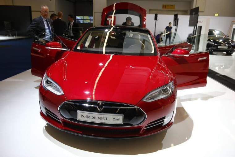 A Tesla model S car is displayed during a media preview day at the Frankfurt Motor Show Sept. 10, 2013.