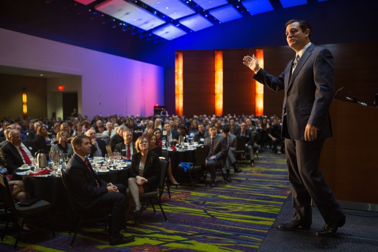 Sen. Ted Cruz (R-Texas) speaks at Friday's Republican Party of Iowa Reagan Dinner at the Iowa Events Center in Des Moines, Iowa.