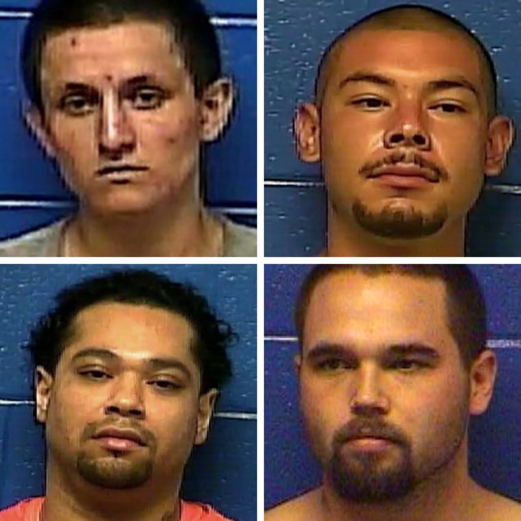 Caddo County Detention Center had four inmates escape from the Detention Center through the trap door above the shower and then into the pipe chase and out the pipe chase door. Clockwise, from top left: Dylan Ray Three Irons, 21, Prime Tounwin Brown, 23, Anthony James Mendonca, 24, Triston Cheadle, 32.