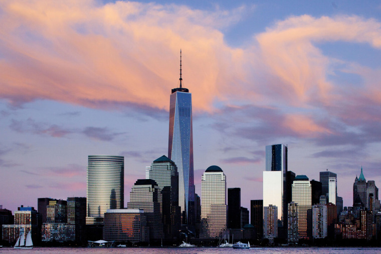 One World Trade Center rises above the lower Manhattan skyline in New York on Sept. 4, 2013.