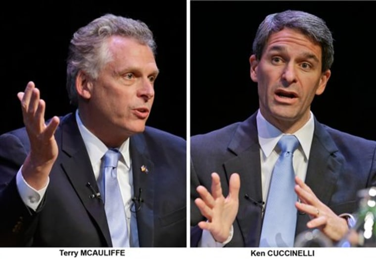 Virginia candidates for governor, Democrat Terry McAuliffe and Republican Ken Cuccinelli, talk during a forum at the University of Richmond in Richmond, Va.